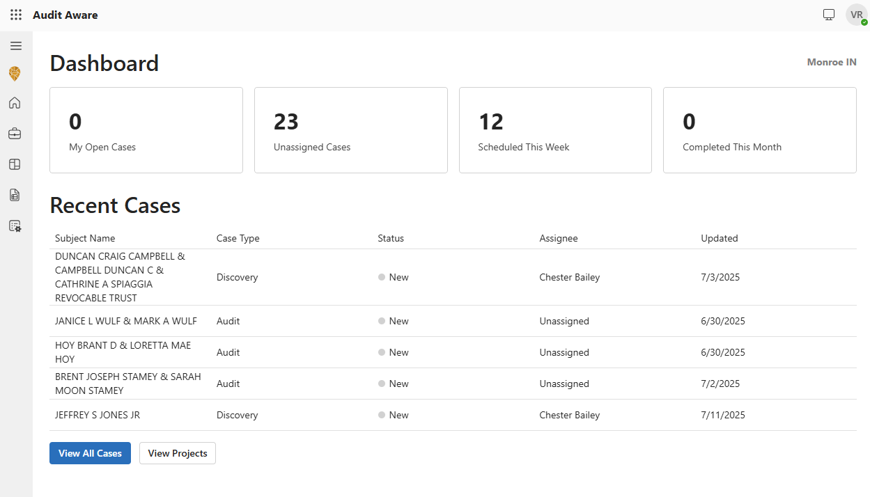 Case Manager dashboard: total active cases counter, recent cases list, status breakdown by stage