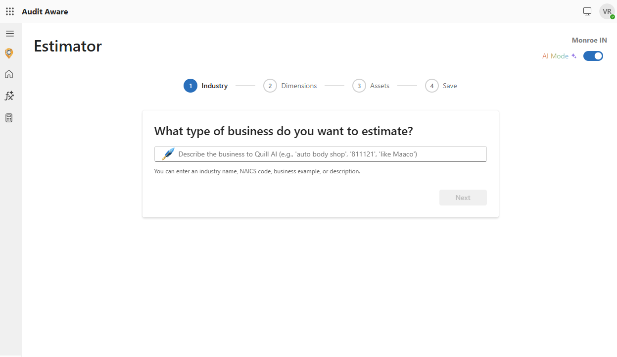 CAVS AI estimator workflow: 4-step progress (Industry, Dimensions, Assets, Save) with Quill AI describing the business
